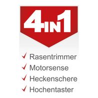 Das Multigartengerät MFH5200-4P von Scheppach bietet vier Funktionen: Rasentrimmer, Motorsense, Heckenschere und Hochentaster. Es ist mit einem 1,3 kW (1,8 PS) 2-Takt-Benzinmotor und einem Seilzugstarter ausgestattet.