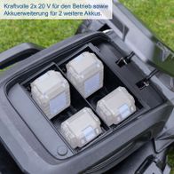 Beschreibung von Akkus für Scheppach-Gartenmaschinen mit Hinweis auf 2x 20V-Batterien für zusätzliche Betriebskapazität und Akku-Erweiterung