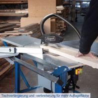 Tischverlängerung und -verbreiterung für mehr Auflagefläche. Ideal für präzises Arbeiten mit der Tischkreissäge TS310 von Scheppach.