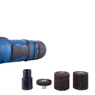 Universal-Renovierungsschleifer MRS500 von Scheppach mit drei Schleifbürstenaufsätzen. Der Schleifer ist von der Seite gezeigt.