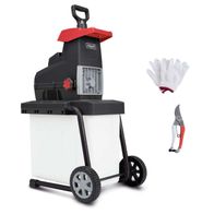 Der Scheppach Leisehäcksler GS60 mit großer Auffangbox, Handschuhen und Astschere. Die Auffangbox hat Räder für einfache Bewegung.