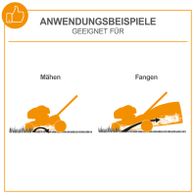 Mähfunktion und Fangfunktion eines Scheppach Rasenmähers mit Illustrationen der Arbeitsrichtungen