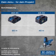 Akku-Stichsäge mit Leistungsangaben für 2,0 Ah und 4,0 Ah Akkus, Laufzeit von 20 m und 40 m