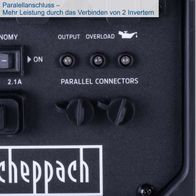Der Inverter Stromerzeuger SG2600i von Scheppach bietet Parallelanschluss für mehr Leistung durch Verbinden von 2 Invertern. Er verfügt über Anzeigen für Output und Overload.