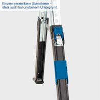 Ausziehbare Arbeitsbock-Standbeine für stabilen Untergrund auch auf unebenem Boden