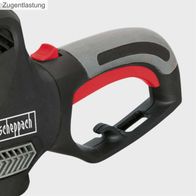 Heckenschere HT600 von Scheppach mit Zugentlastung für sicheres Arbeiten. Die Heckenschere ist von der Seite gezeigt.