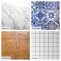 Materialbeispiele für Bodenbeläge: Marmor, Porzellanfliesen, Keramik und Fieselplatten
