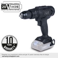 The cordless impact drill C-SBS45BE-X by Scheppach is part of the 20VIXES battery system. One battery for all devices. 10 years warranty with online registration at warranty.scheppach.com.