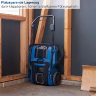 Die Akku-Kehrmaschine C-S610-X von Scheppach bietet platzsparende Lagerung dank klappbarem, höhenverstellbarem Führungsholm.