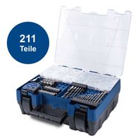 Der Schrauber DTB-20ProS von Scheppach mit Akku, Ladegerät und Zubehörset. Enthält 211 Teile, darunter verschiedene Bohrer und Bits. Ideal für präzises Arbeiten.