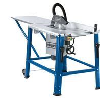 Tischkreissäge HS120o von Scheppach, seitliche Ansicht mit Tischverlängerung und Fahrvorrichtung.