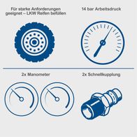 Der Kompressor ist für starke Anforderungen geeignet, z.B. zum Befüllen von LKW-Reifen. Er hat einen Arbeitsdruck von 14 bar und ist mit 2 Manometern sowie 2 Schnellkupplungen ausgestattet.
