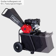 Der Benzin-Messerhäcksler PGS75 von Scheppach verfügt über einen großen Auffangsack mit 60 Litern Fassungsvermögen.