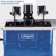 The Scheppach HF50 router table features direct extraction for dust-free operation. It has a 40 mm spindle height and collets in sizes 6, 8, and 12 mm. Additionally, it includes a table extension.