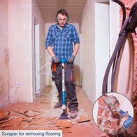 The Scheppach Aero² Spade 5-in-1 Pneumatic Air Spade is a multi-purpose digging and chiselling tool. It features a sturdy handle and an effective spade tip for removing flooring.