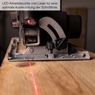 Die Akku-Handkreissäge C-HKS169BE-X von Scheppach verfügt über eine LED-Arbeitsleuchte und einen Laser für eine optimale Ausleuchtung der Schnittlinie.