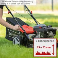 Scheppach-Rasenmäher mit zentraler Schnittlevel-Einstellung in sieben Stufen von 25–75 mm