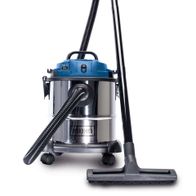 Nass-Trockensauger NTS20 von Scheppach, 1200W, 20L Edelstahlbehälter, Ausblasfunktion, mit Zubehör. Frontalansicht des Geräts auf hellem Hintergrund.