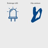 The product features LED lighting and a belt clip.