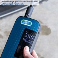 Der Akku-Handkompressor AC10/8V von Scheppach verfügt über eine Leuchtanzeige, die den aktuellen Luftdruck in drei Stufen anzeigt: gelb, grün und rot.