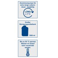 Aluminiumpumpe für extra lange Lebensdauer, langlebig. Größerer Reinigungsmitteltank mit 1000 ml Fassungsvermögen. Bis zu 50 °C warmes Wasser im Zulauf kann verwendet werden.