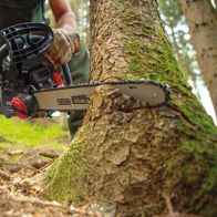 Scheppach Kettensäge CSP41 im Einsatz, schneidet einen Baumstamm. Die Säge ist in Aktion gezeigt, wobei die Kette den Baumstamm durchtrennt.