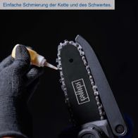 Kette und Schwert einer Scheppach-Akku-Gehölzschneidemaschine mit Schmierung durch Tropfenöl