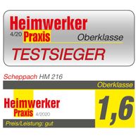 Die Kappzugsäge HM216 von Scheppach wurde von Heimwerker Praxis im April 2020 zum Testieger gekürt. Sie erhielt die Bewertung "Oberklasse" und die Note 1,6 für Preis/Leistung.