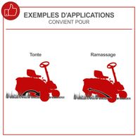 The image shows examples of applications for which the product is suitable. These include mowing and collecting grass. The illustrations depict a machine performing both functions.