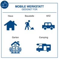 Die mobile Werkstatt ist geeignet für Haus, Baustelle, KFZ, Garten und Camping. Sie enthält spezielle Werkzeuge für verschiedene Anwendungen, darunter eine Abisolierzange.