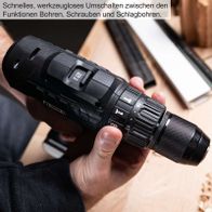 Der Akku-Schlagbohrschrauber C-SBS45BE-X von Scheppach ermöglicht schnelles, werkzeugloses Umschalten zwischen den Funktionen Bohren, Schrauben und Schlagbohren.