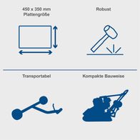 Die Scheppach Rüttelplatte HP1200S hat eine Plattengröße von 450 x 350 mm. Sie ist robust, transportabel und hat eine kompakte Bauweise.