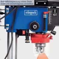 Scheppach Tischbohrmaschine mit präziser Bohrtiefenbegrenzung über Skala, exakt einstellbar und wiederholgenau.