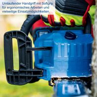 Die Akku-Kettensäge BC-CS355Duo-X von Scheppach verfügt über einen umlaufenden Handgriff mit Softgrip für ergonomisches Arbeiten und vielseitige Einsatzmöglichkeiten.