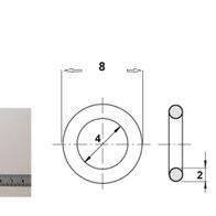 O-Ring mit 4 mm Innendurchmesser und 8 mm Außendurchmesser, 2 mm breit. Gezeigt von der Seite.
