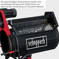 Die serienmäßigen Bürstenleiste sorgt für eine zuverlässige Reinigung der Siebtrommel, vor allem bei der Verwendung von feuchtem Material. Das Produkt ist ein Rollsieb RS350 von Scheppach.