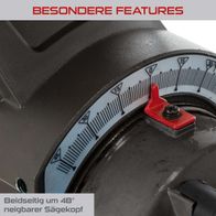Besondere Features der Kapp-Zugsäge PX-KZS-305PA Practixx: Beidseitig um 48° neigbarer Sägekopf. Die Säge verfügt über einen Laser, Softstart und Posaunenauszug.