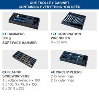 The Scheppach TW1000 workshop trolley contains everything you need: 2 hammers (300 g), 12 combination wrenches (8–22 mm), 6 flat-tip screwdrivers, and 4 circlip pliers (2 for inner rings, 2 for outer rings).