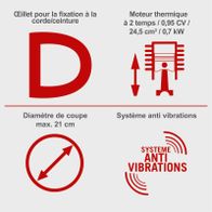 Die Benzin Kettensäge CSP2540 von Scheppach hat folgende Merkmale: Öse zur Befestigung an der Schnur/Gurt, 2-Takt-Motor mit 0,95 PS, 24,5 cm³ und 0,7 kW, maximaler Schnittdurchmesser von 21 cm und ein Anti-Vibrationssystem.