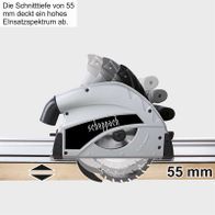 Scheppach-Tauchschleifmaschine mit 55 mm Schnittiefe, Führungsschiene und Motorleistung