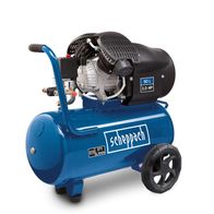 Scheppach Kompressor HC53DC mit 50L Tank und 3,0 HP Motor. Seitliche Ansicht des Kompressors mit Griff und Rädern.
