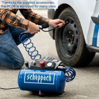 The Scheppach Air Compressor HC06 comes with various accessories for multiple uses. It features a 6L tank and is oil-free. Included are a 5-piece accessory kit and a 5-meter hose.
