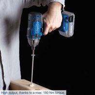 High-torque cordless impact driver featuring a maximum 180 Nm for accurate driving and drilling tasks