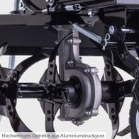 Hochwertiges Getriebe aus Aluminiumdruckguss. Robuste Konstruktion für langanhaltende Leistung. Ideal für Motorhacken. Scheppach Qualität.