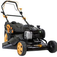 Rasenmäher TT460BS Woodster black - 460mm, seitliche Ansicht, schwarzes Gehäuse mit orangefarbenen Akzenten, großer Grasfangkorb.