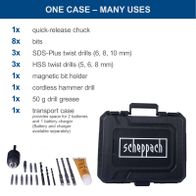 The cordless hammer drill C-RHD130-X by Scheppach features an impact energy of 1.3J and an impact rate of up to 6000bpm. It includes an LED light.