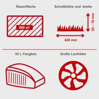 Der Benzin Rasenmäher MP135-42 Scheppach hat eine Schnittbreite von 42 cm und eine Schnitthöhe von 25-70 mm. Er verfügt über einen 55 Liter Fangkorb und große Laufräder.
