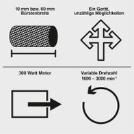Technische Merkmale eines Schleifgeräts mit Bürstenbreite 10–60 mm, 300-Watt-Motor und variabler Drehzahl 1600–3000 min⁻¹ für Schleifbürstenanwendung