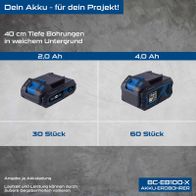 Akku-Erdbohrer BC-EB100-X mit Batterieauswahl für 2,0 Ah und 4,0 Ah, 30 bzw. 60 Stück-Packungen