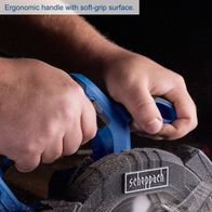 Ergonomic grip with soft texture for Scheppach cordless circular saw, showing handle use with LED lighting and battery pack.
